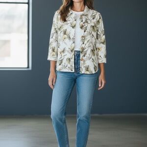 Chicos Floral Button Down Shirt - Medium White Green Embroidered Cotton Linen